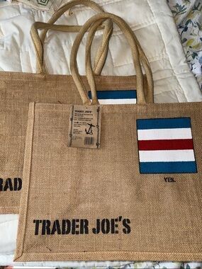Trader Joe's Natural Jute Tote with Blue, White & Red Stripe-2
